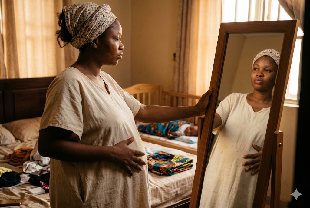 Nigerian mother looking at postpartum belly in mirror
