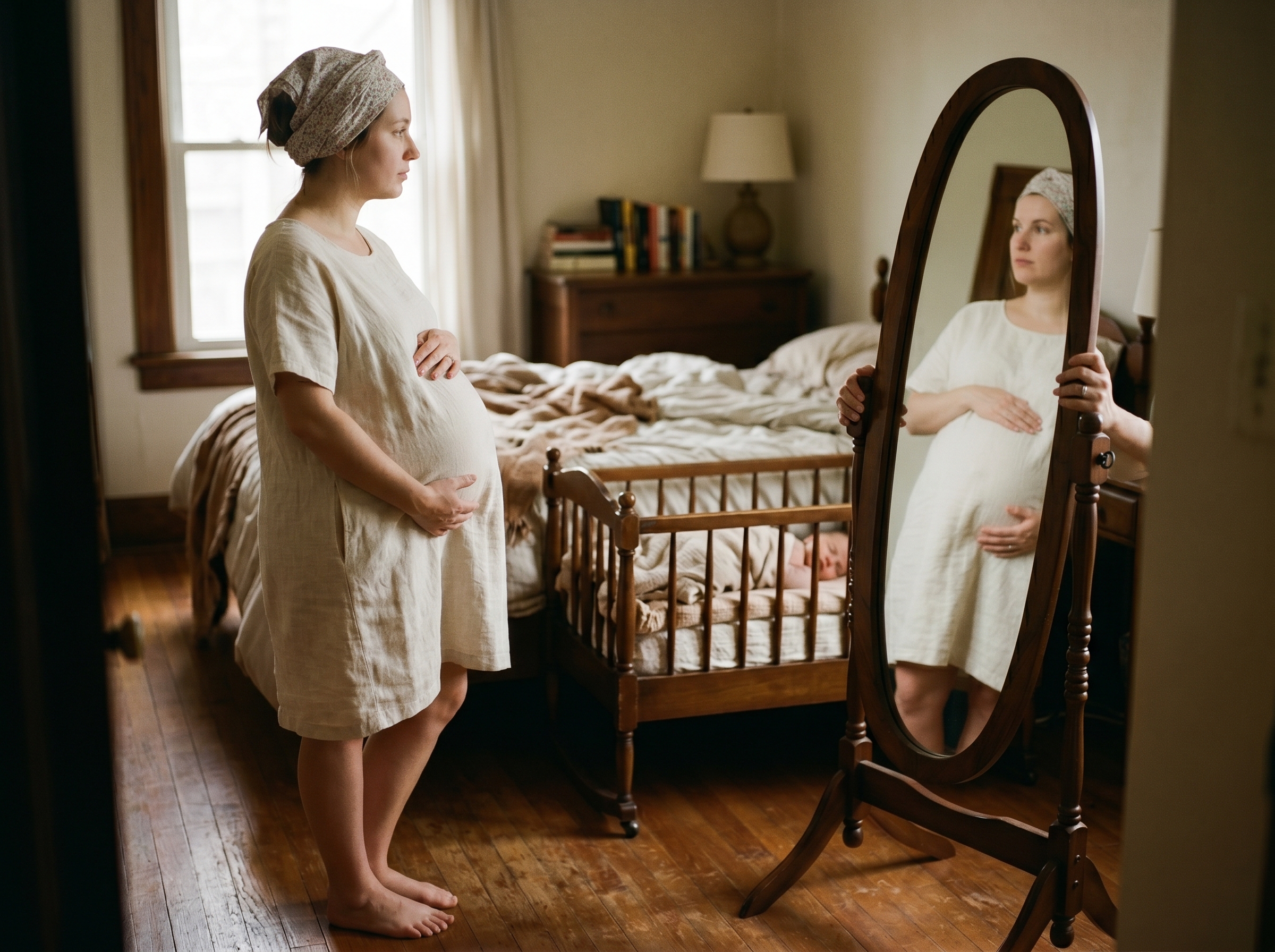 New mother looking at postpartum belly in mirror