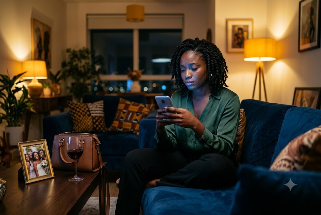 Woman on sofa looking at phone at night