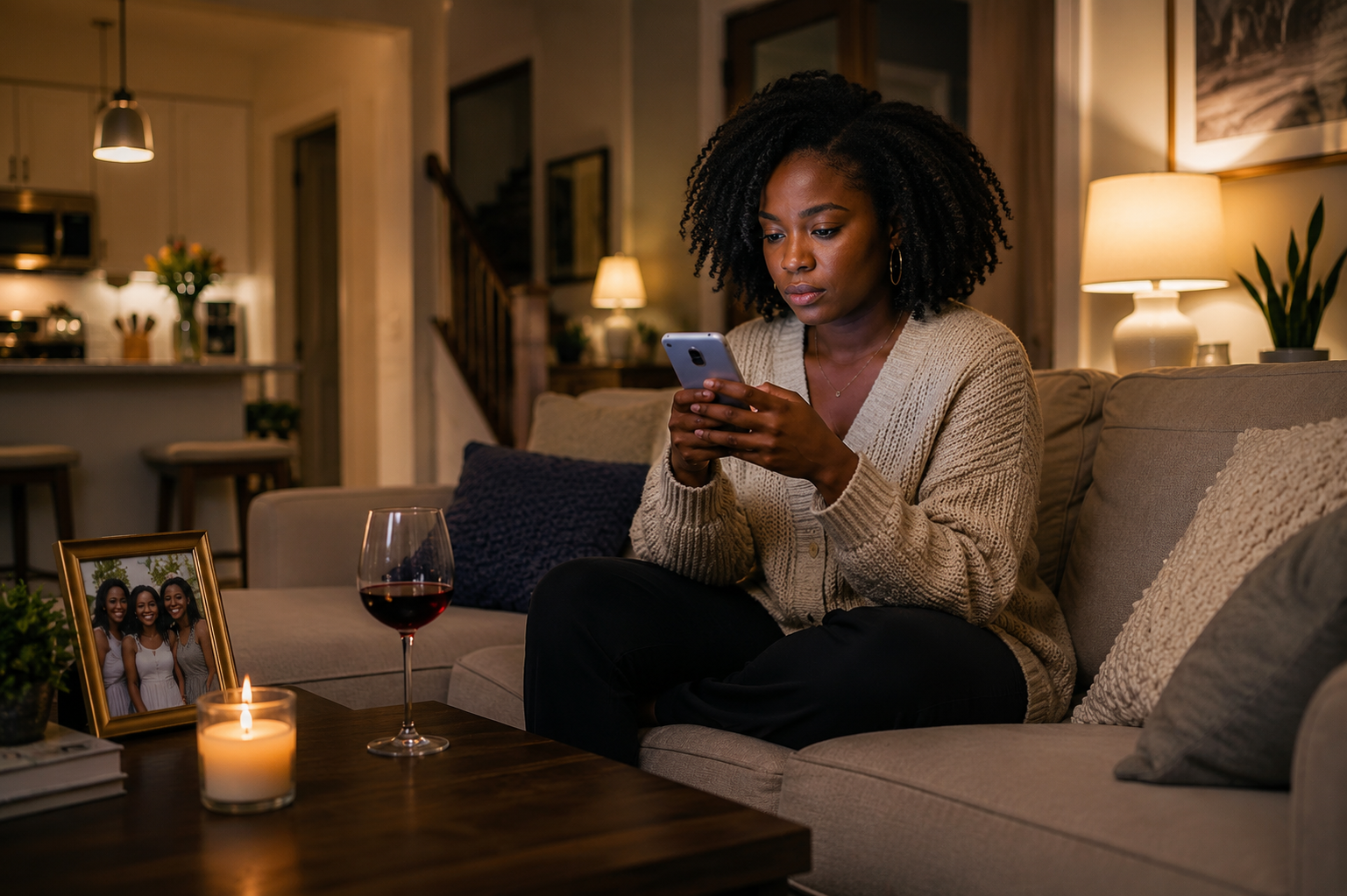 Woman on sofa looking at phone at night
